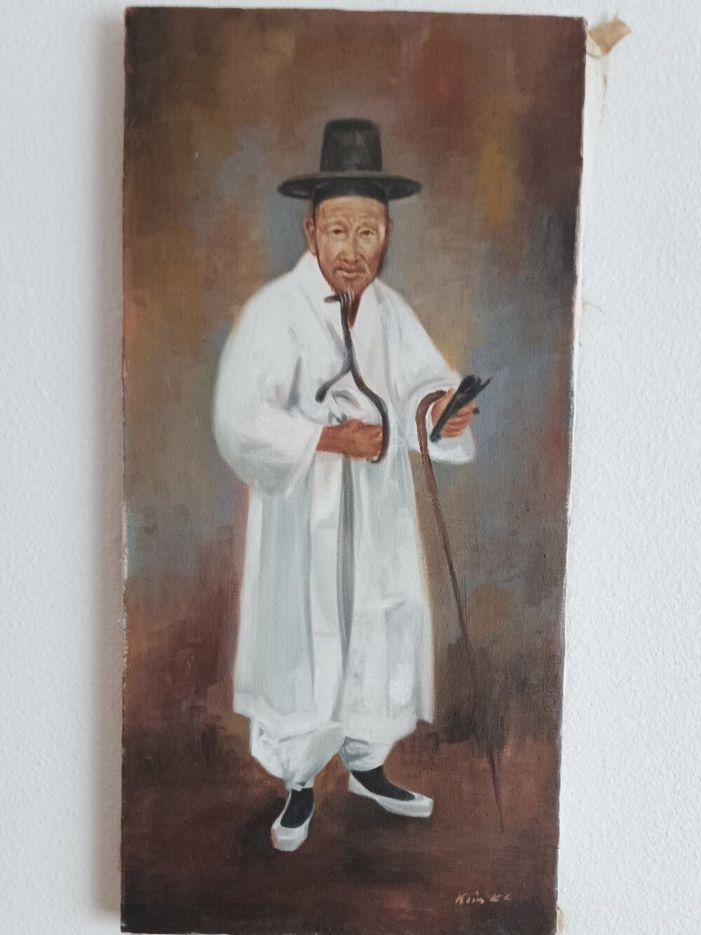 Vintage Korean Original Painting Hanbok Traditional Black Hat Choson Canvas Oil